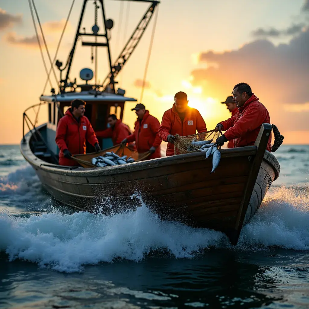 Pôr do sol sobre o mar com barcos de pesca ao fundo