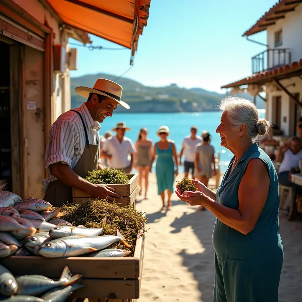 Vista subaquática de peixes nadando entre as algas